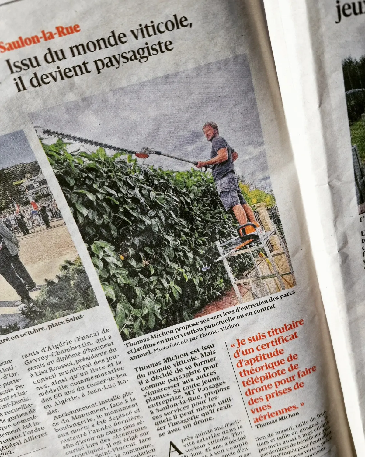 Article de presse sur Thomas Michon, paysagiste MT Paysages à Saulon-la-Rue