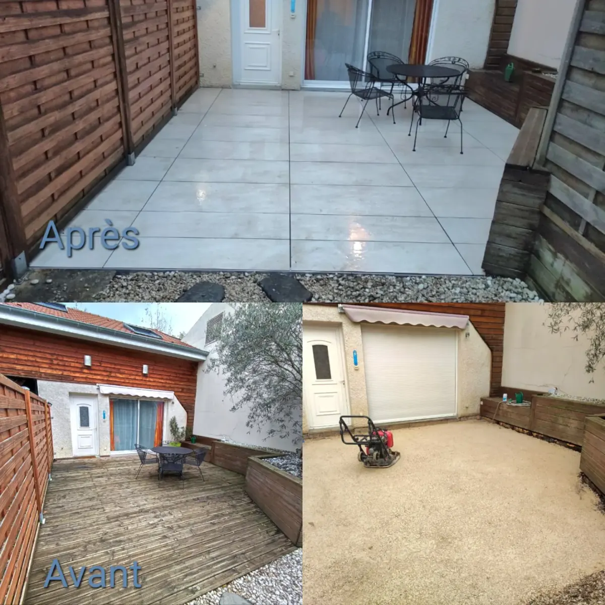 Création d’une terrasse en carrelage extérieur, avant / après