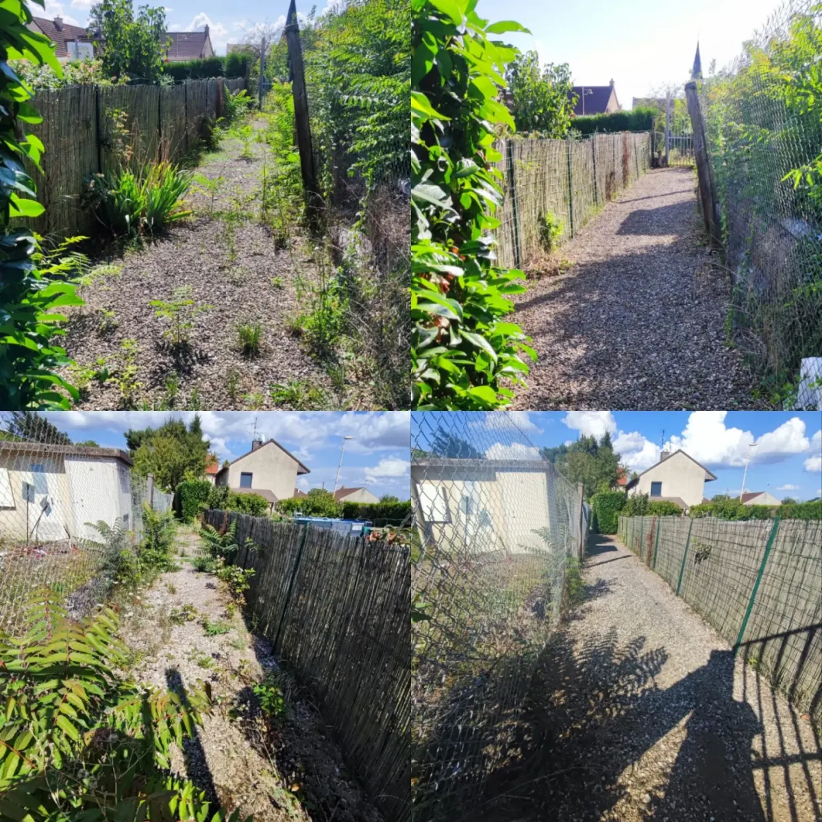 Débroussaillage et remise en état d’une allée gravillonnée, avant / après